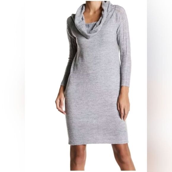 Solutions M Gray 3/4 Sleeve Knitted Ribbed Hem Cowl Neck Women's Tunic Dress - Picture 1 of 11